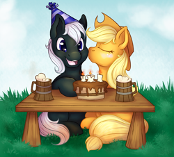 Size: 960x866 | Tagged: safe, artist:pingwinowa, applejack, oc, oc:dragon, earth pony, pony, g4, birthday, blushing, cake, canon x oc, celebration, cider, dragojack, female, food, grass, kissing, male, mare, shipping, stallion, straight, table