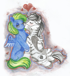 Size: 1003x1086 | Tagged: safe, artist:69beas, oc, oc:adelle, oc:palatinatus clypeus, pegasus, pony, zebra, blushing, couple, cute, eyes closed, heart, hug, kissing, pegasus oc, spread wings, traditional art, wings, zebra oc