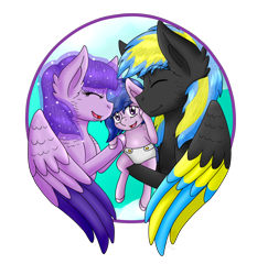 Size: 1400x1500 | Tagged: safe, artist:midnightfire1222, oc, oc only, oc:arc flash, oc:cadenza, pegasus, pony, baby alora, group, present, proud parents, simple background, transparent background