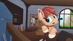 Size: 3840x2160 | Tagged: safe, artist:arcane-thunder, oc, oc only, oc:cottonwood kindle, earth pony, pony, axe, cabinet, carving, cheek fluff, chest fluff, chisel, craft, crosscut saw, ear fluff, gift art, hammer, high res, leaves, male, mountain, nails, saw, sculpture, solo, stallion, toolbox, unshorn fetlocks, window, wood carving, woodwork