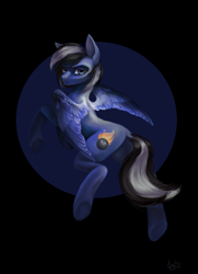 Size: 800x1102 | Tagged: safe, artist:dacsy, oc, oc only, oc:driftor, pegasus, pony, blue coat, blue eyes, commission, cutie mark, ears up, looking at you, looking back, looking back at you, male, pegasus oc, simple background, solo, spread wings, stallion, two toned mane, two toned tail, wings, ych result