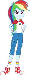 Size: 4139x10162 | Tagged: safe, artist:alandssparkle, rainbow dash, equestria girls, g4, my little pony equestria girls: legend of everfree, absurd resolution, camp everfree outfits, camping outfit, capri pants, clothes, cute, dashabetes, female, hand on hip, looking at you, shirt, simple background, solo, t-shirt, trainers, transparent background, vector