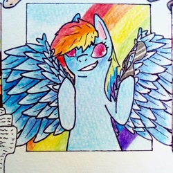 Size: 1080x1080 | Tagged: safe, alternate version, artist:l0u1ou, rainbow dash, pegasus, pony, g4, bust, cropped, grin, hoof hold, smiling, solo, spread wings, sunglasses, traditional art, wings
