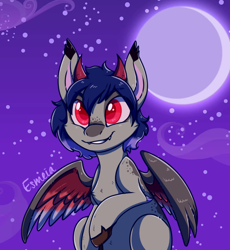 Size: 648x705 | Tagged: safe, artist:esmeia, oc, oc only, hybrid, bust, chest fluff, curved horn, full moon, horn, interspecies offspring, male, moon, night, offspring, parent:discord, parent:princess luna, parents:lunacord, smiling, solo, stallion, stars, wings