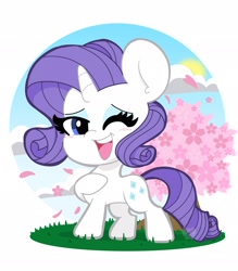 Size: 1792x2048 | Tagged: safe, artist:kittyrosie, part of a set, rarity, pony, unicorn, g4, cherry blossoms, cloud, cute, female, flower, flower blossom, kittyrosie is trying to murder us, mare, one eye closed, open mouth, raribetes, sky, solo, tree