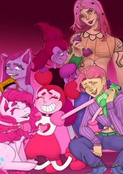 Size: 1280x1811 | Tagged: safe, artist:yukinhishi, gummy, madame leflour, pinkie pie, alligator, earth pony, gem (race), human, pony, g4, spoiler:steven universe: the movie, alternate hairstyle, belt, clothes, crossover, default spinel, diavolo, duality, eyes closed, female, flour, gem, grin, hug, imminent death, jeans, jojo's bizarre adventure, lipstick, male, open mouth, pants, phone, pink, pinkamena diane pie, self gemadox, self paradox, self ponidox, shirt, shoes, skirt, smiling, spinel, spinel (steven universe), spoilers for another series, steven universe, steven universe: the movie, time paradox, tongue out, vinegar doppio