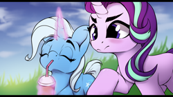 Size: 1796x1011 | Tagged: safe, artist:hitbass, starlight glimmer, trixie, pony, unicorn, g4, blushing, drink, drinking, duo, eyes closed, female, glowing horn, grass, horn, magic, mare, raised hoof, sketch, straw, telekinesis