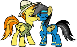 Size: 7000x4294 | Tagged: safe, artist:icicle-niceicle-1517, artist:n0kkun, color edit, edit, daring do, spitfire, pegasus, pony, g4, bedroom eyes, clothes, clothes swap, collaboration, colored, daringfire, duo, eyes closed, female, goggles, hat, kissing, lesbian, mare, raised hoof, shipping, shirt, show accurate, simple background, transparent background, uniform, wonderbolts, wonderbolts uniform