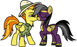 Size: 7000x4294 | Tagged: safe, alternate version, artist:icicle-niceicle-1517, artist:n0kkun, color edit, edit, daring do, spitfire, pegasus, pony, g4, bedroom eyes, clothes, clothes swap, collaboration, colored, costume, daringfire, duo, eyes closed, female, goggles, hat, kissing, lesbian, mare, raised hoof, shadowbolts, shadowbolts costume, shipping, shirt, show accurate, simple background, transparent background