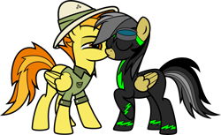 Size: 7000x4294 | Tagged: safe, alternate version, artist:icicle-niceicle-1517, artist:n0kkun, color edit, edit, daring do, spitfire, pegasus, pony, g4, bedroom eyes, clothes, clothes swap, collaboration, colored, daringfire, duo, eyes closed, female, goggles, hat, kissing, lesbian, mare, raised hoof, shipping, shirt, show accurate, simple background, the washouts, transparent background, uniform, washouts uniform