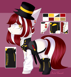Size: 2616x2832 | Tagged: safe, artist:mortalwound, oc, oc only, oc:sharp wit (ice1517), earth pony, pony, belt, blank flank, boots, clothes, ear piercing, earring, hat, high res, jewelry, knife, nonbinary, piercing, pocket watch, reference sheet, shirt, shoes, solo, top hat, vest, watch
