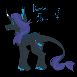 Size: 1000x1000 | Tagged: safe, artist:lepiswerid, oc, oc only, oc:damsel fly, changeling, pony, unicorn, black background, cloven hooves, cutie mark, disguise, disguised changeling, ear piercing, fangs, hair tie, horn, horn ring, jewelry, leonine tail, piercing, simple background, solo