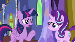 Size: 1280x720 | Tagged: safe, screencap, starlight glimmer, twilight sparkle, alicorn, changeling, pony, unicorn, g4, to where and back again, disguise, disguised changeling, duo, fake twilight, twilight sparkle (alicorn)