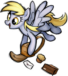 Size: 664x745 | Tagged: safe, artist:sunbusting, derpy hooves, pegasus, pony, fighting is magic, fighting is magic - mega, g4, cute, derpabetes, female, food, hoof hold, letter, mare, muffin, open mouth, package, satchel, simple background, solo, style emulation, white background