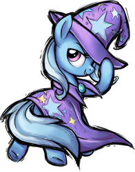 Size: 617x789 | Tagged: safe, artist:sunbusting, trixie, pony, unicorn, fighting is magic, fighting is magic - mega, g4, cute, diatrixes, female, hat tip, looking at you, looking back, looking back at you, mare, profile, simple background, smiling, solo, style emulation, white background