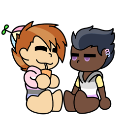 Size: 1000x1000 | Tagged: safe, artist:icicle-wicicle-1517, artist:kb-gamerartist, color edit, edit, button mash, rumble, human, barefoot, bisexual pride flag, chibi, clothes, collaboration, colored, dark skin, drinking, drinking straw, ear piercing, earring, eyes closed, feet, gay, genderfluid, genderfluid pride flag, hat, hoodie, humanized, jewelry, juice, juice box, male, nonbinary, nonbinary pride flag, pansexual, pansexual pride flag, piercing, pride, pride flag, pride month, propeller hat, rumblemash, shipping, simple background, sitting, straw, transparent background