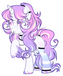 Size: 2240x2677 | Tagged: safe, artist:mint-light, oc, oc only, pony, unicorn, clothes, ear piercing, earring, high res, hoof polish, horn, jewelry, looking up, piercing, raised hoof, simple background, smiling, socks, solo, striped socks, transparent background, unicorn oc