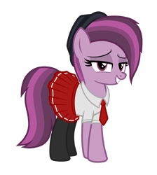 Size: 2652x2962 | Tagged: safe, artist:chomakony, oc, oc only, oc:ruby geminis, earth pony, pony, bedroom eyes, clothes, covered cutie mark, crossed hooves, earth pony oc, female, hat, high res, lidded eyes, looking at you, mare, school uniform, schoolgirl, show accurate, simple background, skirt, smiling, smiling at you, smug, socks, solo, transparent background