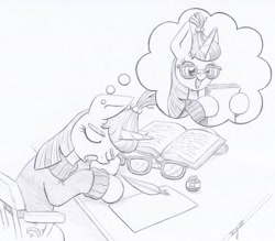 Size: 1024x897 | Tagged: safe, artist:xeviousgreenii, moondancer, pony, unicorn, g4, atg 2020, book, cute, dancerbetes, dream, female, inkwell, monochrome, newbie artist training grounds, quill, sleeping, solo, thought bubble, traditional art