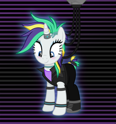 Size: 3556x3804 | Tagged: safe, artist:anime-equestria, rarity, pony, unicorn, g4, alternate hairstyle, blushing, bracelet, clothes, cute, cyberpunk, female, glowing, happy, high res, hoofband, horn, horn ring, jewelry, mare, necklace, punk, raripunk, shirt, shoes, smiling, solo, wires