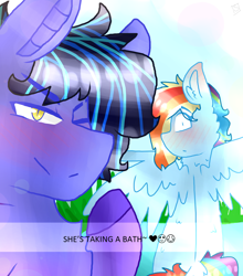 Size: 1940x2201 | Tagged: safe, artist:shinningblossom12, oc, oc only, oc:meadow waves, oc:rainbow ditz, pegasus, pony, blushing, colored hooves, emoji, heart, male, multicolored hair, next generation, one eye closed, parent:rainbow dash, pegasus oc, rainbow hair, selfie, snapchat, stallion, wings, wink