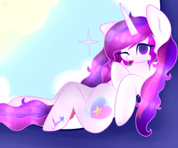 Size: 2048x1707 | Tagged: safe, artist:anasflow, artist:shinningblossom12, oc, oc only, oc:anasflow maggy, pony, unicorn, :p, collaboration, female, horn, mare, one eye closed, sitting, solo, tongue out, unicorn oc, wink