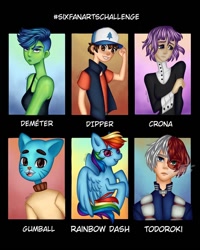 Size: 1080x1350 | Tagged: safe, artist:4lma_ch4n, rainbow dash, cat, human, pegasus, pony, anthro, g4, anthro with ponies, baseball cap, bust, cap, clothes, crona, crossover, demeter, dipper pines, female, gravity falls, gumball watterson, hat, male, mare, shoto todoroki, six fanarts, soul eater, the amazing world of gumball