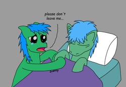Size: 1038x715 | Tagged: safe, artist:dzamie, oc, oc only, pony, bed, colored, crying, death, digital art, duo, newbie artist training grounds, sad, simple background