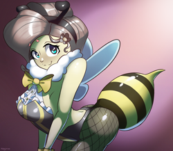 Size: 2918x2535 | Tagged: safe, artist:nookprint, fluttershy, equestria girls, g4, animal costume, antennae, bee costume, blushing, bowtie, breasts, busty fluttershy, clothes, costume, cuffs (clothes), female, final fantasy, final fantasy vii, fishnet stockings, flutterbee, high res, pantyhose, sexy, solo, stinger, wings