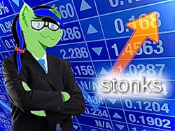 Size: 510x382 | Tagged: safe, alternate version, artist:swiftt_studios, oc, oc only, earth pony, anthro, business suit, clothes, crossed arms, dead meme, earth pony oc, glasses, meme, necktie, ponified meme, smiling, solo, stock market, stonks