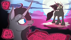 Size: 2560x1440 | Tagged: safe, artist:idclop, fhtng th§ ¿nsp§kbl, oleander (tfh), classical unicorn, demon, pony, unicorn, them's fightin' herds, blushing, book, cloven hooves, colored hooves, colored horn, community related, female, fred, fredeander, full moon, horn, leonine tail, magic, male, mare, moon, oh no he's hot, shipping, stallion, sweat, transformation, unicornomicon, unshorn fetlocks