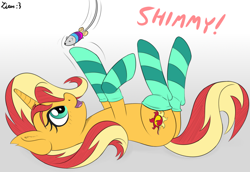 Size: 1600x1100 | Tagged: safe, artist:ziemniax, color edit, edit, sunset shimmer, pony, unicorn, g4, behaving like a cat, clothes, colored, cute, female, gradient background, on back, shimmerbetes, socks, solo, striped socks