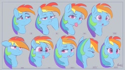 Size: 1280x720 | Tagged: safe, artist:auroriia, rainbow dash, pony, g4, :p, blushing, bored, bust, expressions, eyes closed, female, looking at you, mare, mlem, multeity, portrait, silly, solo, tongue out