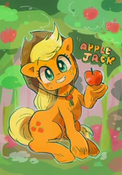 Size: 1436x2048 | Tagged: safe, artist:osawari64, applejack, earth pony, pony, apple, apple tree, cute, female, jackabetes, looking at you, mare, sitting, smiling, solo, tree