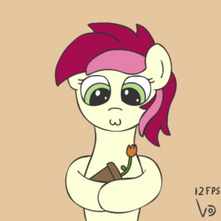 Size: 800x800 | Tagged: safe, artist:vohd, roseluck, earth pony, pony, g4, :3, animated, brown background, bust, cradling, cute, female, flower, frame by frame, gif, mare, owo, rosabetes, simple background, solo