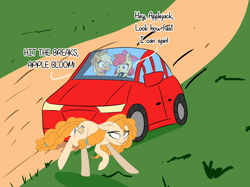 Size: 2000x1494 | Tagged: safe, artist:artiks, artist:ngnir, apple bloom, applejack, pear butter, earth pony, pony, friendship is witchcraft, g4, apple sisters, atg 2020, car, collaboration, dark comedy, female, filly, foal, imminent death, mare, misspelling, newbie artist training grounds, siblings, sisters, the implications are horrible, this will end in death, this will end in tears, this will end in tears and/or death, we are going to hell