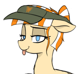 Size: 765x727 | Tagged: safe, artist:pinkberry, oc, oc only, oc:patty melt, earth pony, pony, :p, colored sketch, drawpile, female, looking at you, mare, simple background, simple shading, sketch, solo, tongue out, visor, whataburger, white background