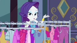Size: 1280x720 | Tagged: safe, screencap, rarity, equestria girls, g4, my little pony equestria girls: better together, street chic, autumn, bracelet, clothes rack, cute, eyeshadow, female, geode of shielding, jewelry, lidded eyes, looking at you, magical geodes, makeup, raribetes, solo, talking, talking to viewer, window