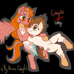 Size: 5500x5500 | Tagged: safe, artist:alejandraarelycc, artist:tonystorm12, oc, oc only, oc:galaxyart, oc:inky stylus, pegasus, pony, absurd resolution, adorable face, black background, blushing, couple, cute, duo, ear fluff, fanfic art, looking at each other, love, pegasus oc, shipping, simple background, wings
