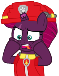 Size: 692x893 | Tagged: safe, artist:徐詩珮, fizzlepop berrytwist, tempest shadow, pony, unicorn, series:sprglitemplight diary, series:sprglitemplight life jacket days, series:springshadowdrops diary, series:springshadowdrops life jacket days, g4, alternate universe, broken horn, bust, cheek squish, clothes, cute, eye scar, eyelashes, female, helmet, horn, mare, marshall (paw patrol), open mouth, paw patrol, paw prints, scar, shocked, simple background, solo, squishy cheeks, transparent background