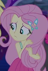 Size: 275x403 | Tagged: safe, screencap, fluttershy, equestria girls, equestria girls specials, g4, my little pony equestria girls: better together, my little pony equestria girls: spring breakdown, cropped, cute, female, geode of fauna, magical geodes, nervous, playing with hair, shyabetes, sleeveless