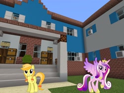 Size: 2048x1536 | Tagged: safe, artist:daringdashie, artist:topsangtheman, jonagold, marmalade jalapeno popette, princess cadance, alicorn, earth pony, pony, g4, apple family member, house, looking at you, minecraft