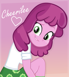 Size: 1728x1938 | Tagged: safe, artist:grapefruitface1, cheerilee, equestria girls, g4, base used, cheeribetes, clothes, cute, female, freckles, happy, kneeling, looking back, pinup, show accurate, smiling, solo