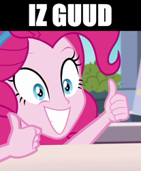 Size: 1075x1299 | Tagged: safe, edit, edited screencap, screencap, pinkie pie, equestria girls, g4, my little pony equestria girls: better together, the craft of cookies, borat, caption, cropped, female, image macro, sacha baron cohen, solo, text, thumbs up