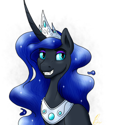 Size: 1080x1172 | Tagged: safe, artist:marsh-mal-oh, nightmare moon, alicorn, pony, g4, bust, crown, cute, ethereal mane, female, grin, jewelry, mare, peytral, portrait, queen, regalia, signature, simple background, smiling, solo, transparent background