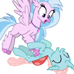 Size: 512x512 | Tagged: safe, artist:princessdestiny200i, ocellus, silverstream, changeling, hippogriff, g4, adorable face, cuddly, cute, cuteness overload, daaaaaaaaaaaw, diaocelles, diastreamies, eyes closed, female, giggling, happy, hnnng, huggable, laughing, lesbian, looking down, on back, open mouth, ship:ocellustream, shipping, simple background, smiling, tickle torture, tickling, weapons-grade cute, white background