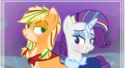 Size: 1552x846 | Tagged: safe, artist:bittersweethare, artist:kingbases, applejack, rarity, earth pony, pony, unicorn, g4, alternate hairstyle, base used, bedroom eyes, blushing, cape, chest fluff, clothes, coat, eyeshadow, female, grin, horn, horn jewelry, jewelry, lesbian, looking at each other, makeup, mare, markings, pigtails, ship:rarijack, shipping, smiling, twintails