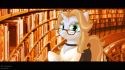 Size: 3300x1850 | Tagged: safe, artist:dmann892, oc, oc only, oc:freewrite, pony, unicorn, bookshelf, female, glasses, letterboxing, librarian, library, mare, solo