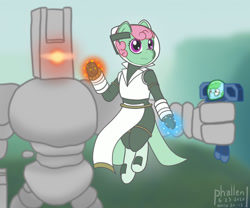 Size: 1200x1000 | Tagged: safe, artist:phallen1, oc, oc only, oc:software patch, oc:windcatcher, cyclops, pony, titan, semi-anthro, arm hooves, artificer, atg 2020, engineer, flying, glowing eyes, helmet, newbie artist training grounds, ponified, risk of rain, risk of rain 2, spacesuit