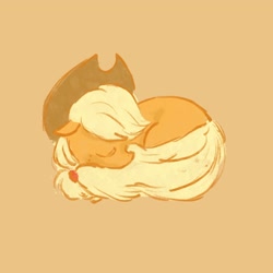 Size: 2048x2048 | Tagged: safe, artist:laya-21, applejack, earth pony, pony, g4, behaving like a cat, cowboy hat, curled up, cute, eyes closed, female, floppy ears, hat, high res, jackabetes, mare, orange background, prone, simple background, sleeping, solo